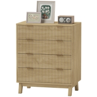HOMCOM 4 Drawer Double Dresser for Bedroom, Fluted Chest of Drawers with Gold Finger Pulls and 4 Wood Legs, Natural Wood