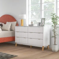 HOMCOM 6 Drawer Double Dresser for Bedroom, Fluted Chest of Drawers with Gold Finger Pulls and 5 Wood Legs, White(m-8)