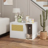 PawHut Cat Litter Box Enclosure, Cat Washroom End Side Table with Rattan Door, Scratching Pad, Non-slip Foot Pads, White(m-8)