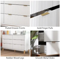 HOMCOM 6 Drawer Double Dresser for Bedroom, Fluted Chest of Drawers with Gold Finger Pulls and 5 Wood Legs, White(m-7)