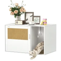PawHut Cat Litter Box Enclosure, Cat Washroom End Side Table with Rattan Door, Scratching Pad, Non-slip Foot Pads, White(m-11)