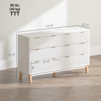 HOMCOM 6 Drawer Double Dresser for Bedroom, Fluted Chest of Drawers with Gold Finger Pulls and 5 Wood Legs, White(m-3)