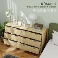 HOMCOM 6 Drawer Double Dresser for Bedroom, Fluted Chest of Drawers with Gold Finger Pulls and 5 Wood Legs, Natural Wood(m-4)