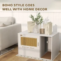 PawHut Cat Litter Box Enclosure, Cat Washroom End Side Table with Rattan Door, Scratching Pad, Non-slip Foot Pads, White(m-6)