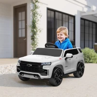 Aosom Licensed Chevrolet Tahoe Kids Ride on Car, 12V 7AH Toddler Electric Car with Parent Remote Control, 3 Speeds, Spring Suspension, LED Light, Horn, Music, White(m-1)
