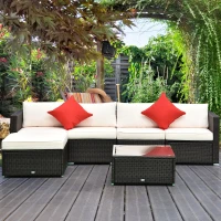 Outsunny 6 Pieces Outdoor PE Rattan Wicker Patio Furniture Sofa Set with Thick Cushions, Deluxe Garden Sectional Couch with Glass Top Table, Dark Coffee and Cream White(m-8)