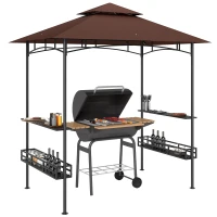 Outsunny 8' x 5' BBQ Grill Gazebo, 2-Tier Outdoor BBQ Gazebo with 2 Side Shelves, Storage Baskets, Ceiling Hook, Dark Brown(m-11)