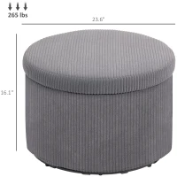HOMCOM 24 Inches Round Storage Ottoman Stool with Lid, Upholstered Corduroy Foot Rest for Living Room, Bedroom, Gray(m-3)