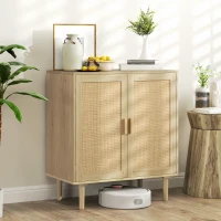 HOMCOM Bohemian Sideboard, 31.5" Buffet Cabinet with 2 Rattan Doors and Shelves for Living Room, Hallway, Natural(m-2)