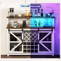 HOMCOM 55" Coffee Bar Cabinet with Lights, Farmhouse Wine Cabinet with Wine and Glass Racks for Kitchen, Dining Room, White(m-9)
