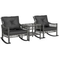 Outsunny 3 Piece Outdoor PE Rattan Rocker Chair Set, Rocking Chair with Tempered Glass Table Top, Gray(m-11)