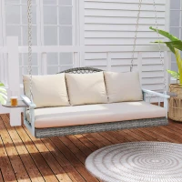 Outsunny 3 Person Wicker Hanging Outdoor Patio Porch Swing Bench with Cup Holders, Cushions, and Chains, Natural(m-9)