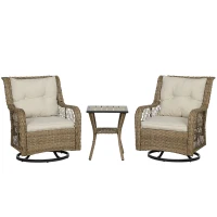 Outsunny 3 Piece Outdoor Bistro Set, Wicker Small Patio Furniture Set with Swivel Glider Chairs for Balcony, Porch, Beige(m-11)