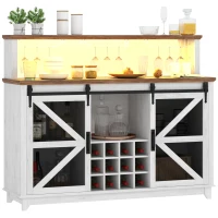 HOMCOM 55" Coffee Bar Cabinet with Lights, Farmhouse Wine Cabinet with Wine and Glass Racks for Kitchen, Dining Room, White(m-1)