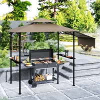 Outsunny 8' x 5' Outdoor Grill Gazebo, Barbecue Gazebo Shelter with Side Awning, 2 Side Shelves and 6 Hooks, Brown(m-2)