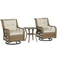 Outsunny 3 Piece Outdoor Bistro Set, Wicker Small Patio Furniture Set with Swivel Glider Chairs for Balcony, Porch, Beige(m-1)
