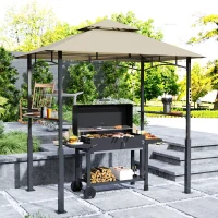 Outsunny 8' x 5' Outdoor Grill Gazebo, Barbecue Gazebo Shelter with LED Light, 2 Side Shelves, Hooks, Bottle Opener, Khaki(m-2)