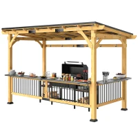 Outsunny 13' x 6' Wooden BBQ Grill Gazebo, Outdoor Hardtop Grill Gazebo with Metal Roof, 2 Bar Shelves and 6 Hooks, Natural(m-1)
