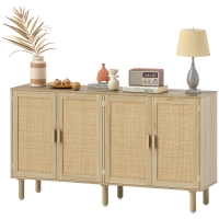 HOMCOM Bohemian Sideboard, 62.2" Buffet Cabinet with 4 Rattan Doors and Shelves for Living Room, Hallway, Natural