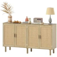 HOMCOM Bohemian Sideboard, 62.2" Buffet Cabinet with 4 Rattan Doors and Shelves for Living Room, Hallway, Natural(m-1)