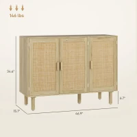 HOMCOM Bohemian Sideboard, 46.9" Buffet Cabinet with 3 Rattan Doors and Shelves for Living Room, Hallway, Natural(m-3)