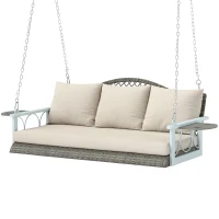 Outsunny 3 Person Wicker Hanging Outdoor Patio Porch Swing Bench with Cup Holders, Cushions, and Chains, Natural(m-1)