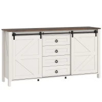 HOMCOM 60" Buffet Cabinet, Farmhouse Sideboard with Sliding Barn Doors, Drawers and Adjustable Shelves, Distressed Cream White(m-8)
