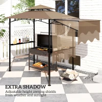 Outsunny 8' x 5' Outdoor Grill Gazebo, Barbecue Gazebo Shelter with Side Awning, 2 Side Shelves and 6 Hooks, Brown(m-4)