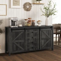 HOMCOM 60" Buffet Cabinet, Farmhouse Sideboard with Sliding Barn Doors, Drawers and Adjustable Shelves, Distressed Dark Gray(m-2)