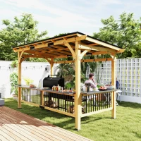 Outsunny 13' x 6' Wooden BBQ Grill Gazebo, Outdoor Hardtop Grill Gazebo with Metal Roof, 2 Bar Shelves and 6 Hooks, Natural(m-9)