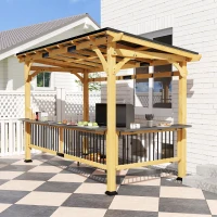 Outsunny 13' x 6' Wooden BBQ Grill Gazebo, Outdoor Hardtop Grill Gazebo with Metal Roof, 2 Bar Shelves and 6 Hooks, Natural(m-8)