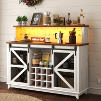 HOMCOM 55" Coffee Bar Cabinet with Lights, Farmhouse Wine Cabinet with Wine and Glass Racks for Kitchen, Dining Room, White(m-11)
