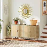 HOMCOM Bohemian Sideboard, 62.2" Buffet Cabinet with 4 Rattan Doors and Shelves for Living Room, Hallway, Natural(m-6)