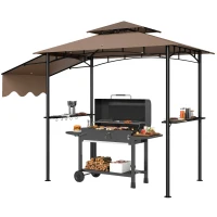 Outsunny 8' x 5' Outdoor Grill Gazebo, Barbecue Gazebo Shelter with Side Awning, 2 Side Shelves and 6 Hooks, Brown(m-1)