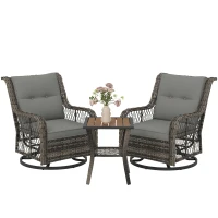 Outsunny 3 Piece Outdoor Bistro Set, Wicker Small Patio Furniture Set with Swivel Glider Chairs for Balcony, Porch, Gray(m-11)