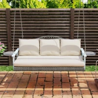 Outsunny 3 Person Wicker Hanging Outdoor Patio Porch Swing Bench with Cup Holders, Cushions, and Chains, Natural(m-8)