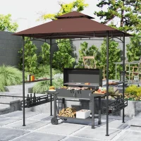 Outsunny 8' x 5' BBQ Grill Gazebo, 2-Tier Outdoor BBQ Gazebo with 2 Side Shelves, Storage Baskets, Ceiling Hook, Dark Brown(m-2)