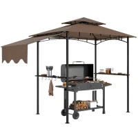 Outsunny 8' x 5' Outdoor Grill Gazebo, Barbecue Gazebo Shelter with Side Awning, 2 Side Shelves and 6 Hooks, Brown(m-11)