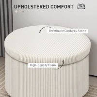 HOMCOM 24 Inches Round Storage Ottoman Stool with Lid, Upholstered Corduroy Foot Rest for Living Room, Bedroom, Beige(m-5)