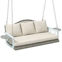 Outsunny 3 Person Wicker Hanging Outdoor Patio Porch Swing Bench with Cup Holders, Cushions, and Chains, Natural(m-11)