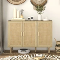 HOMCOM Bohemian Sideboard, 46.9" Buffet Cabinet with 3 Rattan Doors and Shelves for Living Room, Hallway, Natural(m-2)