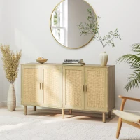 HOMCOM Bohemian Sideboard, 62.2" Buffet Cabinet with 4 Rattan Doors and Shelves for Living Room, Hallway, Natural(m-10)