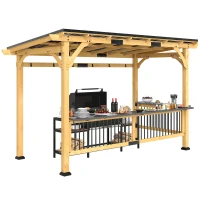 Outsunny 13' x 6' Wooden BBQ Grill Gazebo, Outdoor Hardtop Grill Gazebo with Metal Roof, 2 Bar Shelves and 6 Hooks, Natural(m-11)