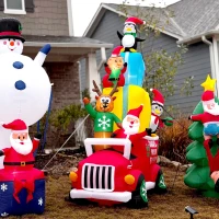 Outsunny 9ft Christmas Inflatables Outdoor Decorations Santa Claus Drives a Gift Car with Elk, Elf and Two Penguins, Blow-Up LED Yard Christmas Decor for Garden, Lawn(m-8)