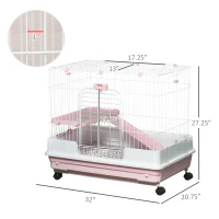 PawHut 2-Level Small Animal Cage Rabbit Hutch with Wheels, Removable Tray, Platform and Ramp for Bunny, Chinchillas, Ferret, Pink(m-3)