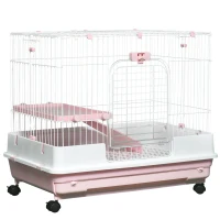 PawHut 2-Level Small Animal Cage Rabbit Hutch with Wheels, Removable Tray, Platform and Ramp for Bunny, Chinchillas, Ferret, Pink(m-1)