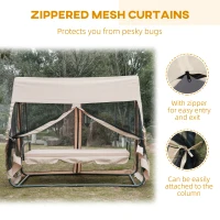 Outsunny 3-Seat Outdoor Swing Chair, Porch Swing, Chaise Lounger Bed, Garden Hammock, Converting Flat Bed with Heavy-Duty Steel Stand, Canopy and Netting Walls, Beige(m-5)