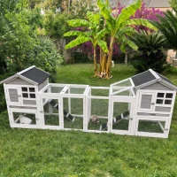 PawHut 102" 2 in 1 Wooden Rabbit Hutch Double Main House Pet Playpen Large Bunny House Enclosure for Indoor Outdoor with Run Box, Slide-out Tray, Ramp, for Rabbits and Small Animals, Grey(m-9)