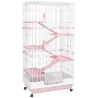 PawHut 32"L 6-Level Small Animal Cage Rabbit Hutch with Universal Lockable Wheels, Slide-out Tray for Bunny, Chinchillas, Ferret, Pink(m-1)