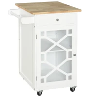 HOMCOM Kitchen Cart on Wheels, Rolling Kitchen Island with Drawer, Glass Door, Towel Rack and Adjustable Shelf, White(m-2)